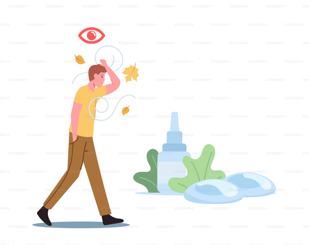 DES Medical and Pharmaceutical Concept. Male Character Walk Outdoor Suffering of Dry Eyes Syndrome and Conjunctivitis Disease. Vision Health Problem Treatment. Cartoon People Vector Illustration