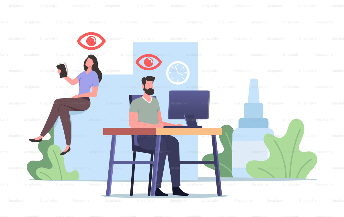 Vision Problems Medical Concept. Office Worker Characters Suffering of DES, Dry Eyes Syndrome and Conjunctivitis Disease while Working on Computer or Use Smartphone. Cartoon People Vector Illustration
