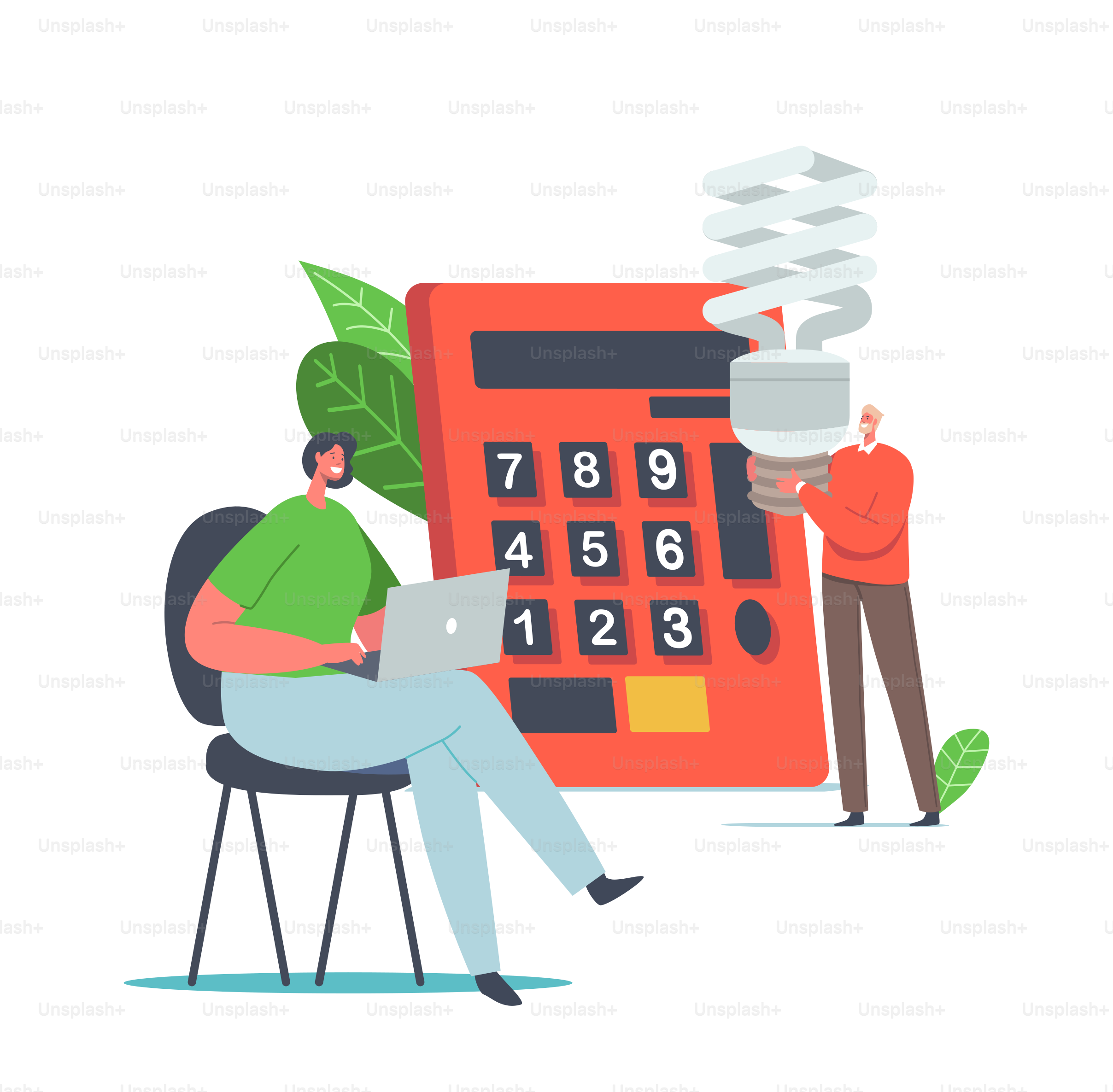 에너지 환경 개념을 절약하십시오. 작은 남성과 여성 캐릭터는 거대한 계산기에서 혜택을 계산하고, 사람들은 에너지 절약형 에코 램프를 사용하고, 여자는 노트북으로 작업합니다. 만화 벡터 일러스트레이션