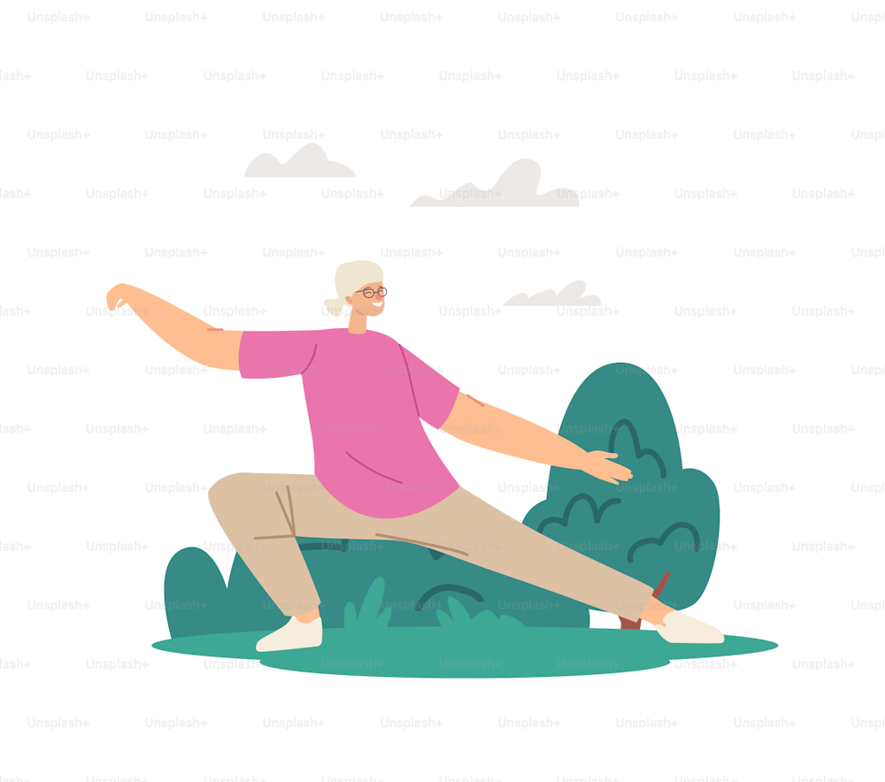 Pensioner Morning Workout at City Park. Elderly Woman Tai Chi Exercises, Classes for People. Senior Female Character Exercising Outdoors, Healthy Lifestyle, Body Training. Cartoon Vector Illustration