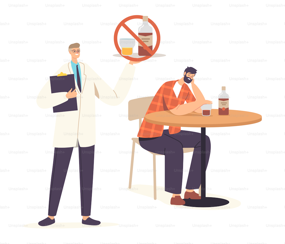 Depression, Alcoholism Addiction Concept. Sad Male Character with Alcohol Bottle Sitting at Table with Unhappy Face and Doctor nearby. Alcoholic Life Problems. Cartoon People Vector Illustration