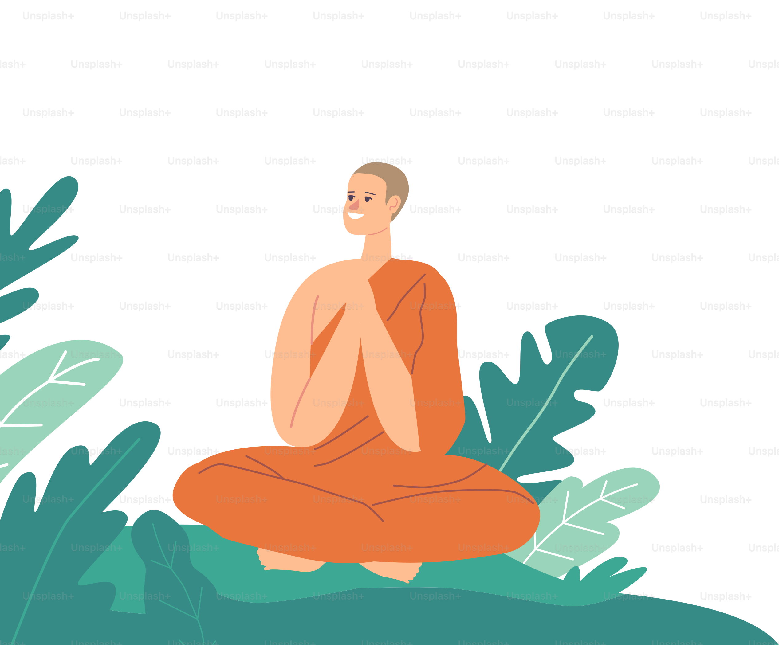 Monje budista sentado en postura de loto vistiendo una túnica naranja, rezando o meditando al aire libre. Meditación de carácter budista, estilo de vida religioso, oración de monjes asiáticos. Ilustración vectorial de personas de dibujos animados