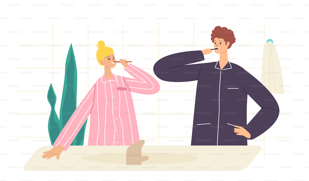 Couple Characters Morning Hygiene Procedure, Young Woman and Man Stand front of Mirror in Bathroom and Brushing Teeth after Bath or Shower, Toothbrushing Routine. Cartoon People Vector Illustration