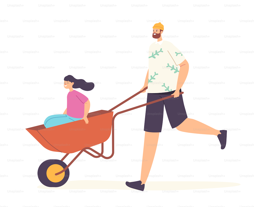 Happy Family Characters Father and Daughter Having Fun All Together, Dad Riding Girl in Wheelbarrow. People Gardening, Cleaning Backyard, Spend Time Together on Weekend. Cartoon Vector Illustration
