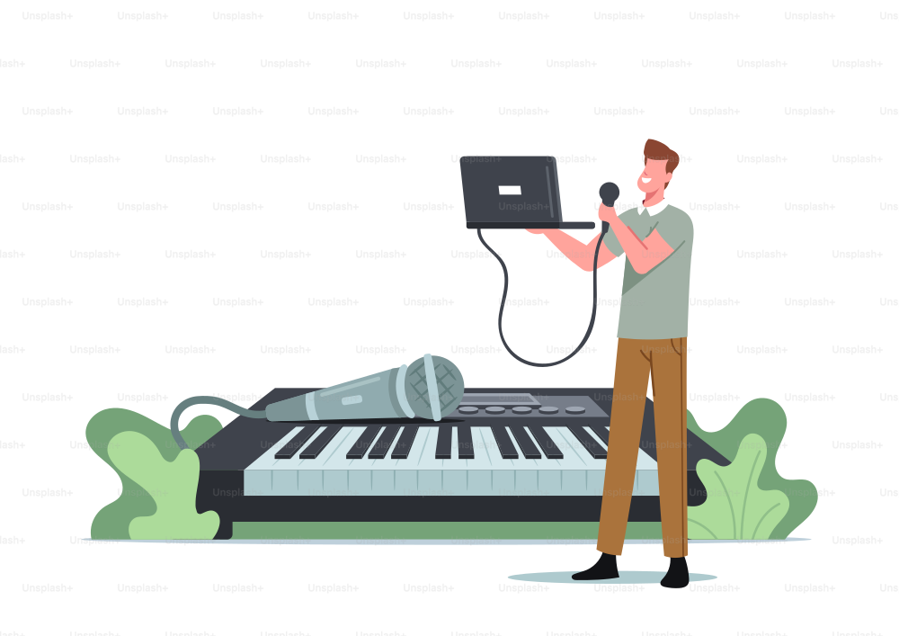 Tiny Male Character Sing with Microphone and Laptop at Huge Synthesizer. Man Take Vocal Lessons Training Voice Singing Songs. Vocalist Learning Classes, Develop Talent. Cartoon Vector Illustration