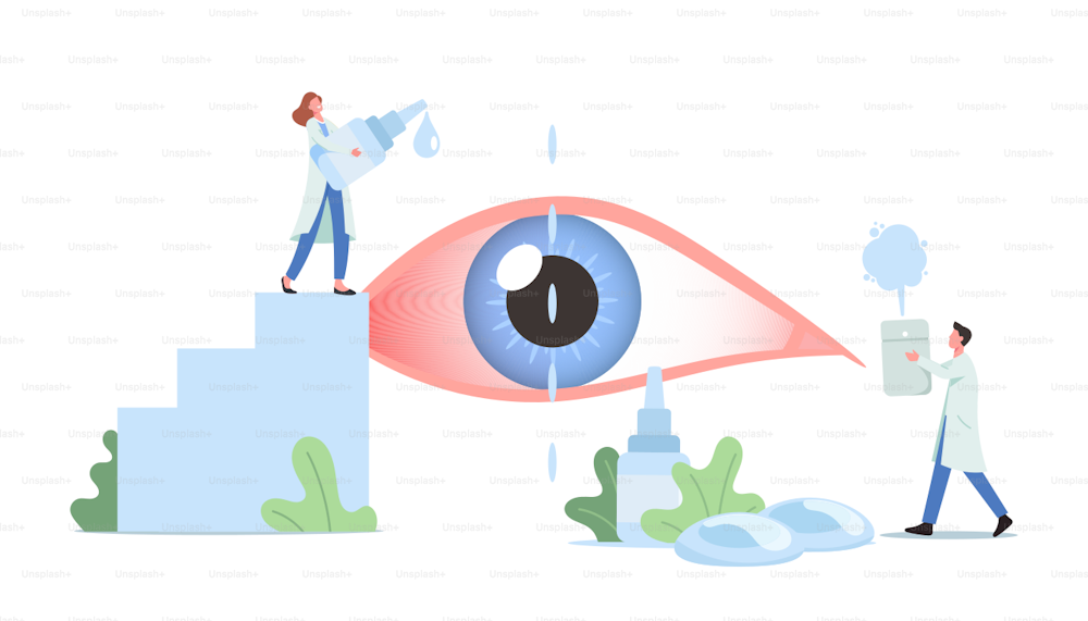 Tiny Doctors Characters Dripping Drops in Huge Human Eye Suffering of DES, Dry Eyes Syndrome and Conjunctivitis Disease. Medical and Pharmaceutical Vision Treatment. Cartoon People Vector Illustration
