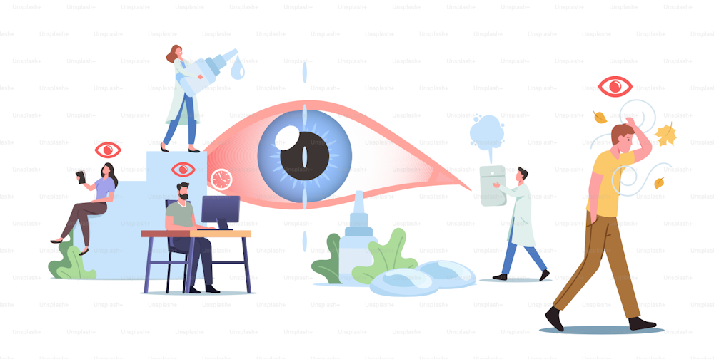 Tiny Characters around of Huge Eye. People Suffer of DES, Dry Eyes Syndrome and Conjunctivitis Disease Visit Clinic. Medical and Pharmaceutical Concept, Vision Treatment. Cartoon Vector Illustration