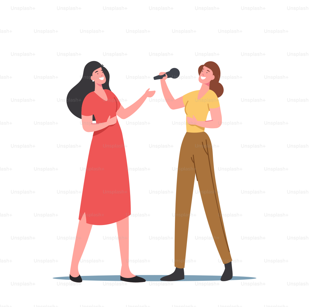 Female Characters Sing with Microphones, Vocal Lessons, Training Voice or Singing Songs in Karaoke Bar. Women Develop Talent, Spend Time in Night Club with Friends. Cartoon People Vector Illustration