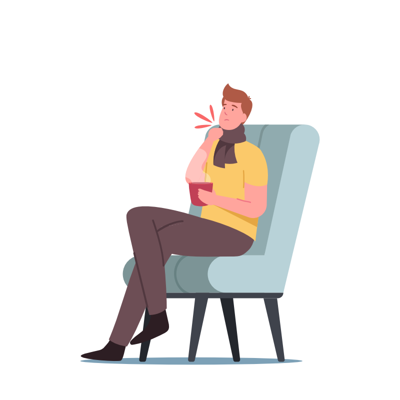 Flu, Pharyngitis or Tonsil Sickness Concept. Sick Character Having Cold. Diseased Man Coughing, Sitting in Armchair Drinking Hot Beverage. Medicine, Illness, Health Care. Cartoon Vector Illustration