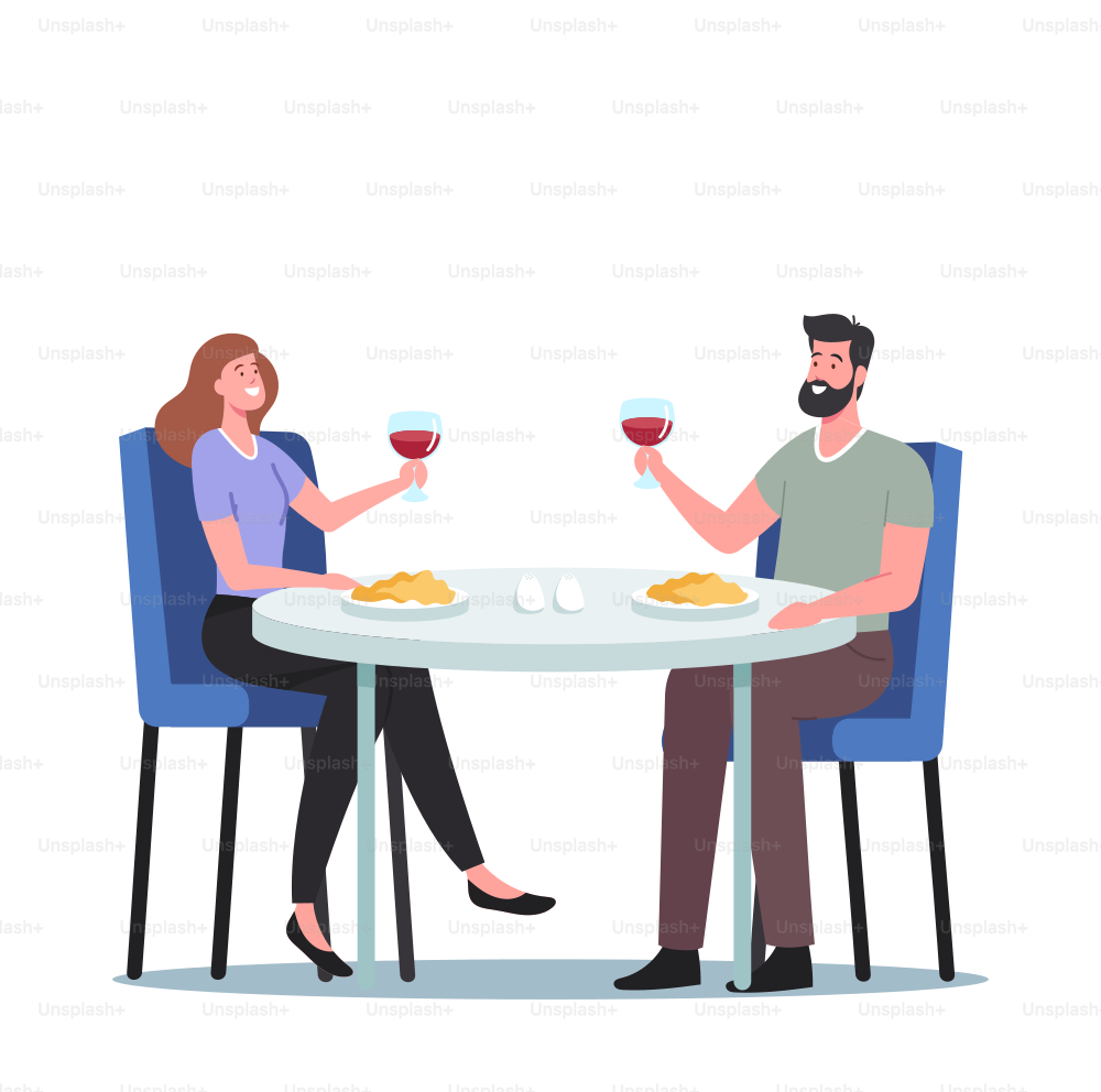 Romantic Relations, Meeting. Happy Loving Couple of Male and Female Characters Dating in Restaurant. Declaration of Love, Young Man and Woman Holding Glasses in Hands. Cartoon Vector Illustration