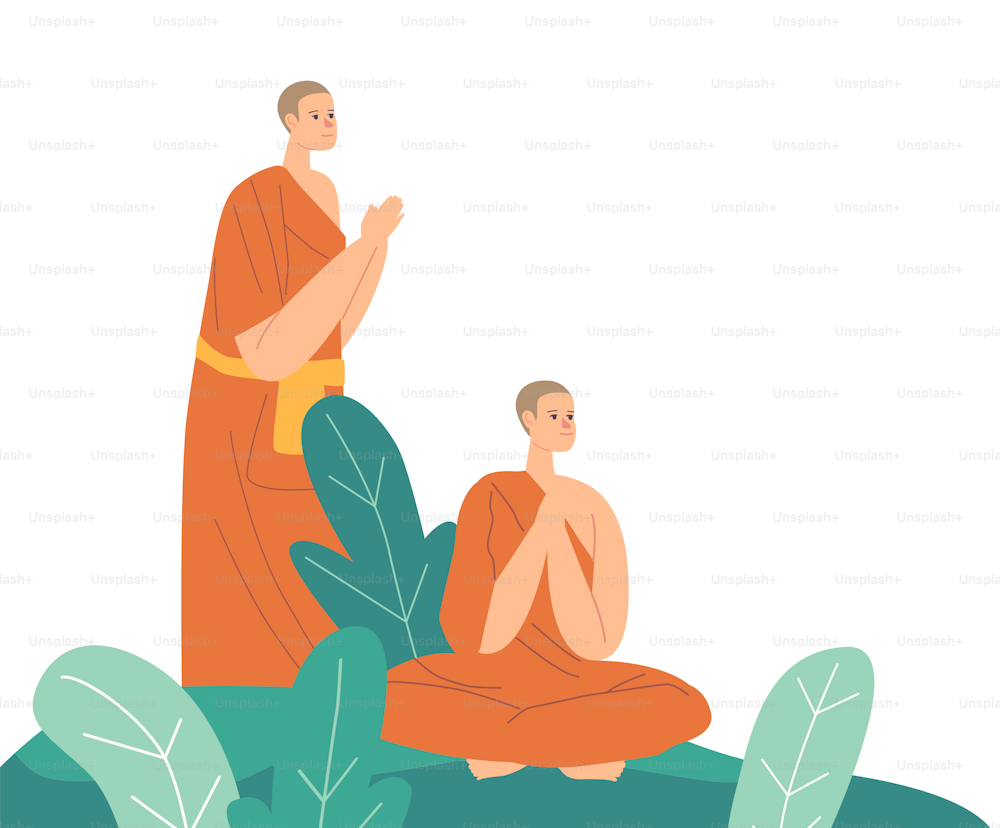 Buddhistische Mönche in orangefarbenen Gewändern, die im Freien beten oder meditieren. Buddhistische Charaktere, Meditation, religiöser Lebensstil, junge asiatische Mönche erreichen Erleuchtung. Cartoon Menschen Vektor Illustration