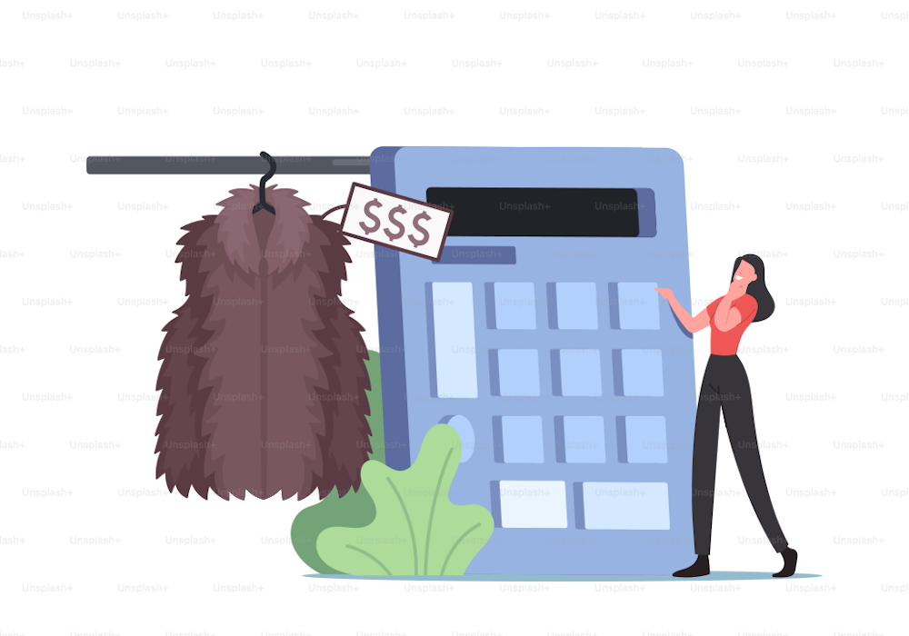 Tiny Female Character Counting on Huge Calculator Price of Very Expensive Fur Coat. Woman Dream of Buying Brand Clothes, Female Fashion, Luxury Garment, Lux Wear. Cartoon People Vector Illustration