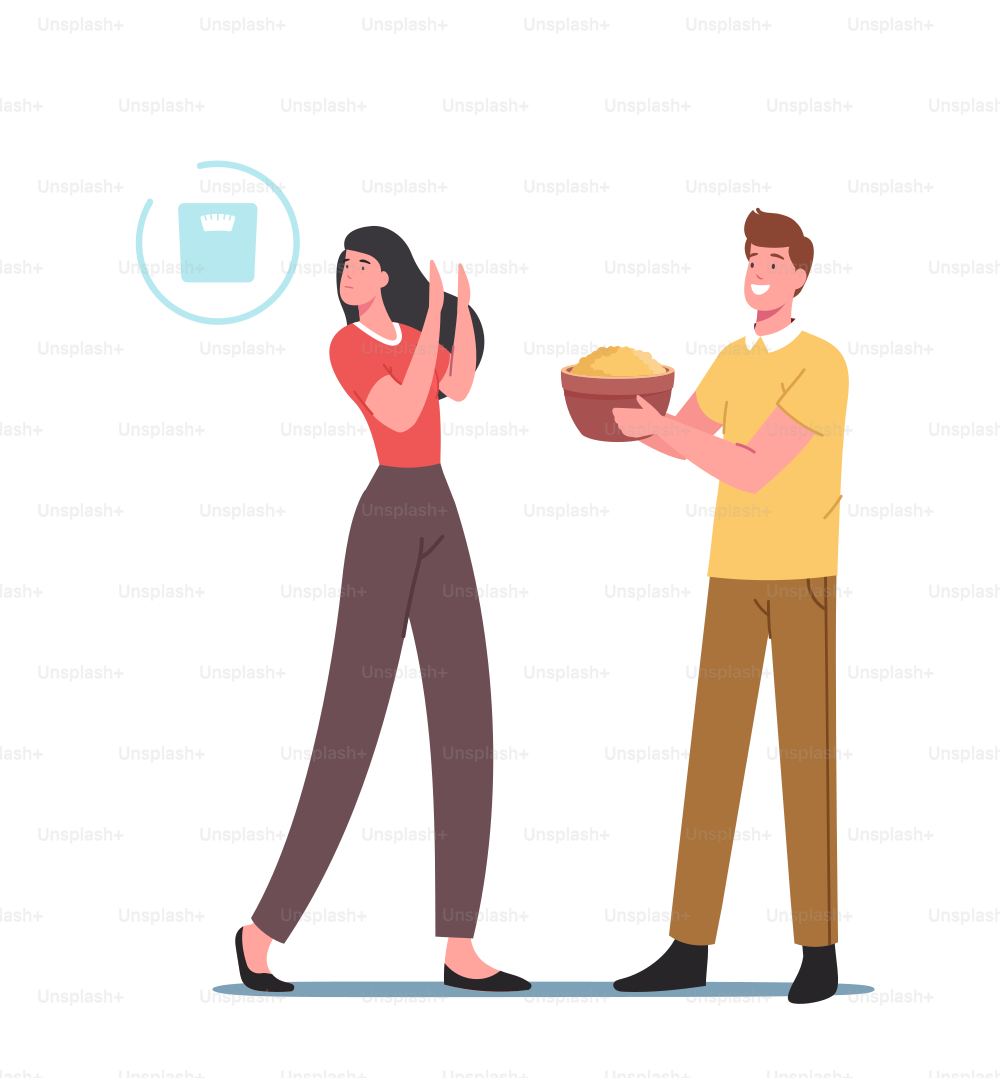 Anorexia or Bulimia Illness, Dieting Concept. Female Characters with Mental Disorder Refuse Eating, Loss Weight, Girl Feel Guilty for Food Meals Eating Sickness. Cartoon People Vector Illustration