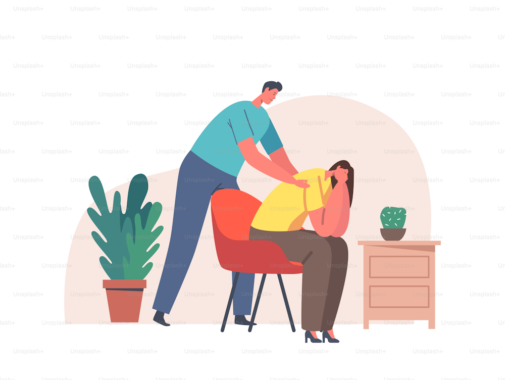 Male Character Giving Comfort and Support to Friend Woman Keeping Palms on Her Shoulders. Girl Feeling Stress, Loneliness, Anxiety. Empathy, Friendship Concept. Cartoon People Vector Illustration