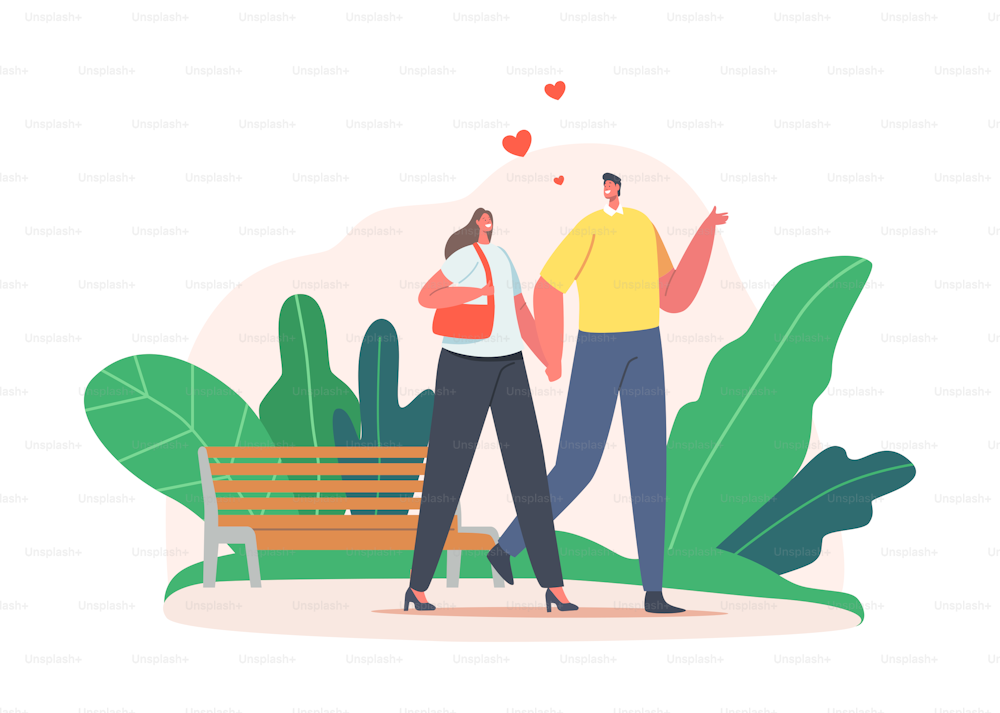 都市公園でデートする愛するカップルの男性女性キャラクター。若い男女が手をつないで、ベンチや植物を周りに置いた通りを一緒に歩く。愛の関係漫画の人々のベクターイラスト