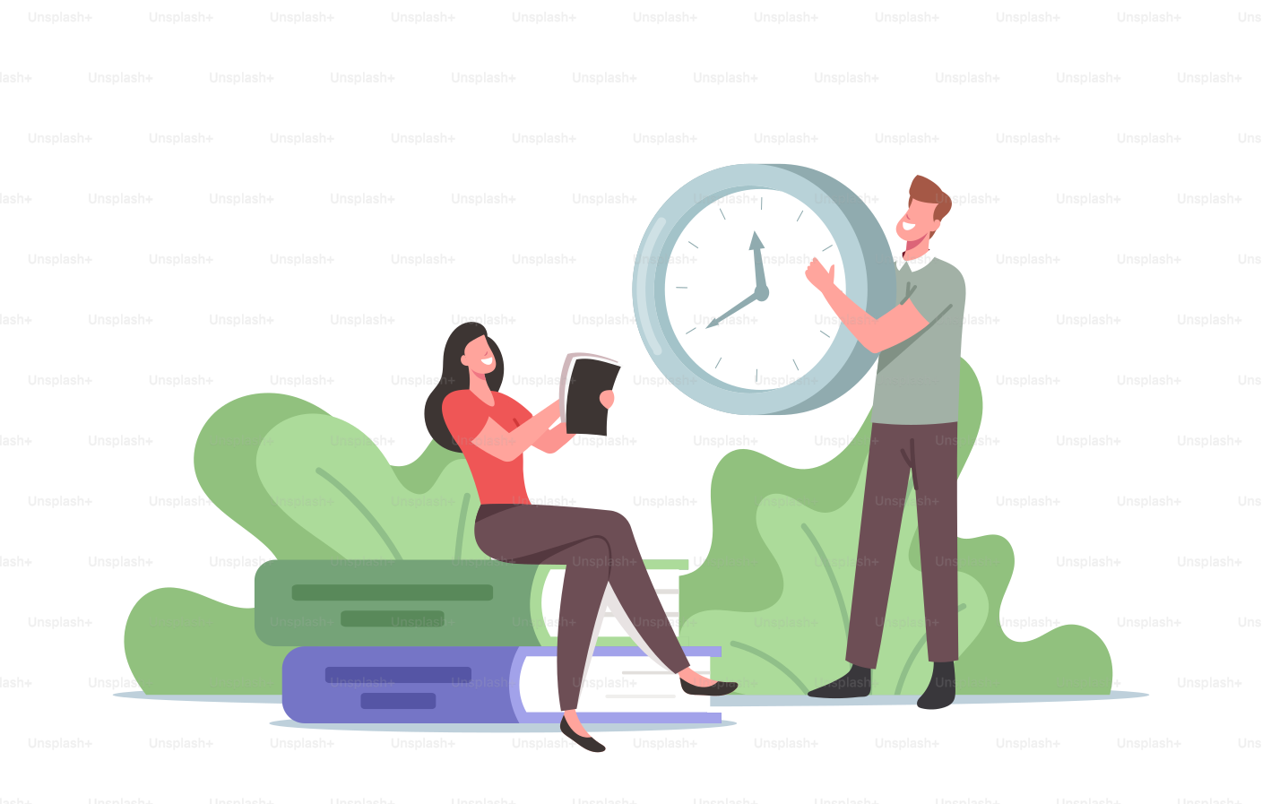 Pequeño personaje femenino con diario personal en la mano sentado en una enorme pila de libros, hombre sujetando el reloj, planificación de personas, lista de tareas pendientes, gestión del tiempo, concepto de organización del trabajo. Ilustración vectorial de dibujos animados