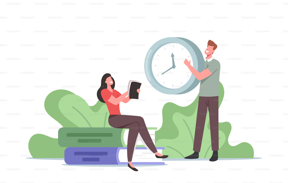 Tiny Female Character with Personal Diary in Hand Sit at Huge Books Pile, Man Holding Clock, People Planning, Fill To Do List, Time Management, Work Organization Concept. Cartoon Vector Illustration
