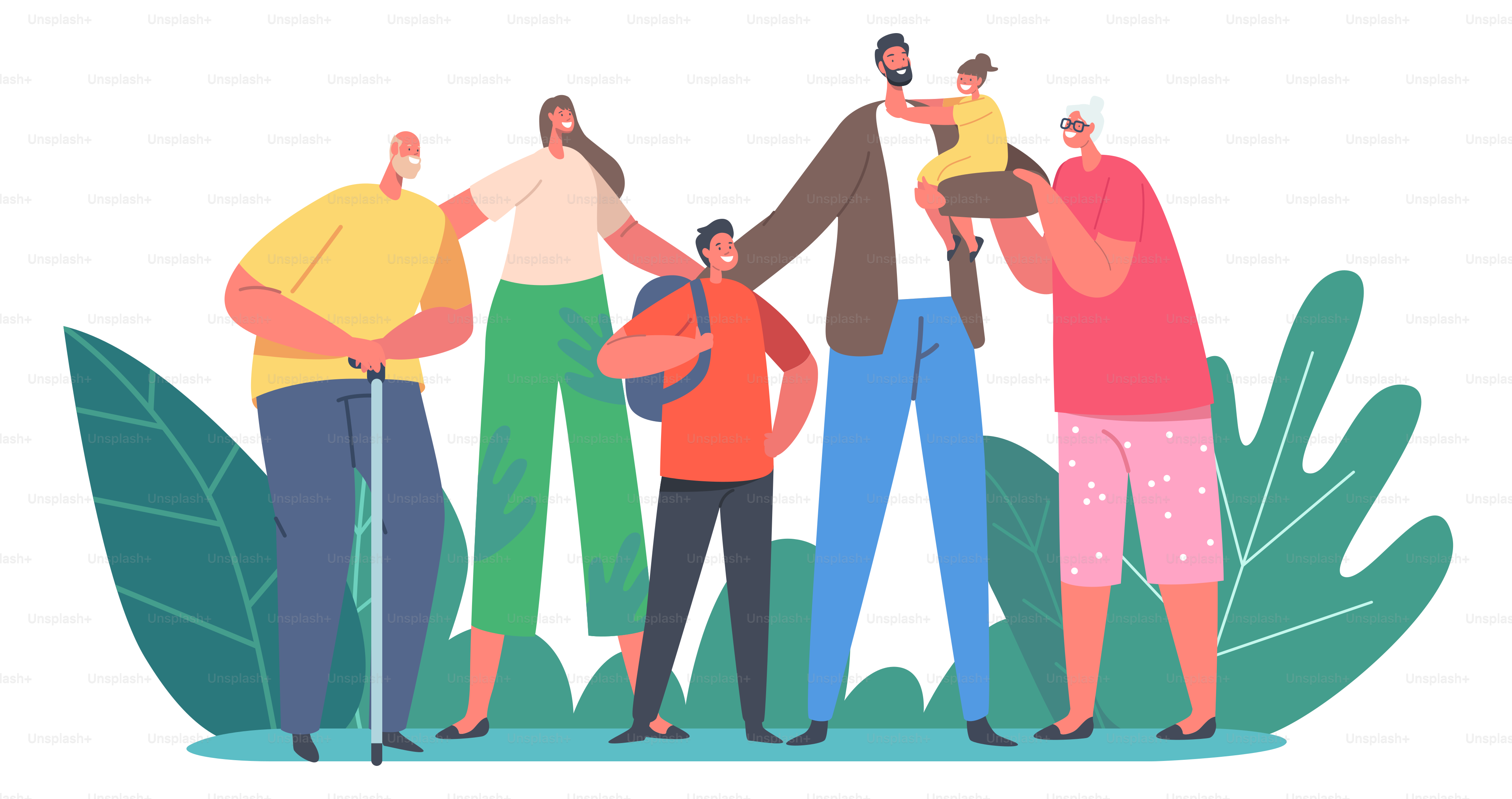 Happy Family Concept. Parents, Grandparents and Children Characters, Holding Hands, Embrace and Smiling. Generation Relations, Happiness, Childhood and Parenting. Cartoon People Vector Illustration