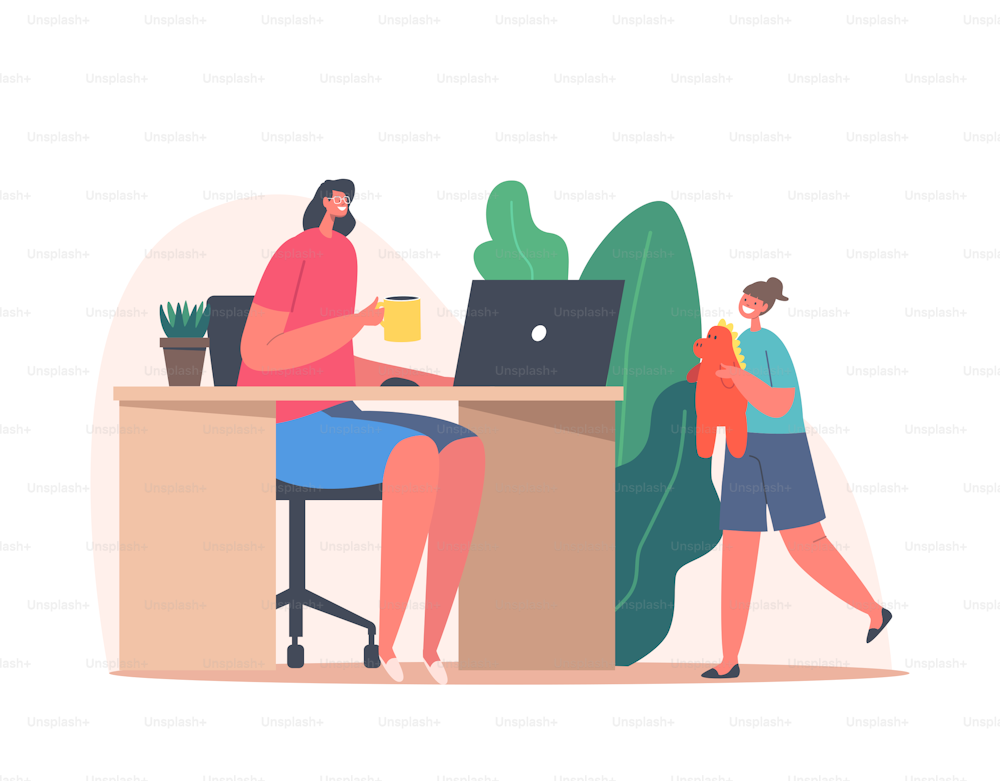 Mother Character Work from Home Office with Child Playing nearby. Remote Freelance Job Concept. Freelancer Woman Sitting at Desk with Coffee Cup Working on Laptop. Cartoon People Vector Illustration