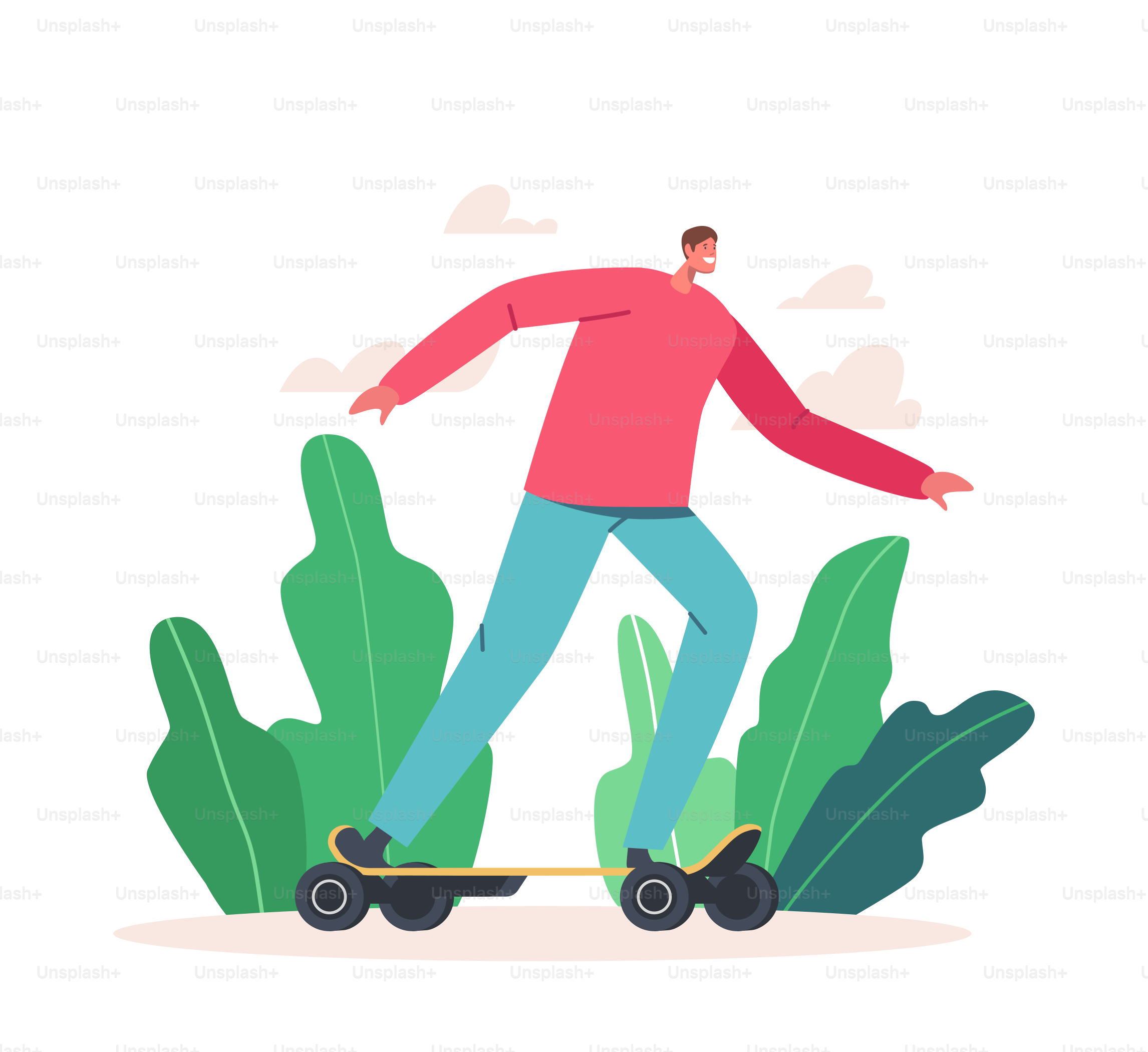 Young Man in Casual Clothes Riding Electric Skateboard on City Park Background. Teenager Character Skateboarding with Smile Emoji, Ecologic Transport, Megapolis Lifestyle. Cartoon Vector Illustration