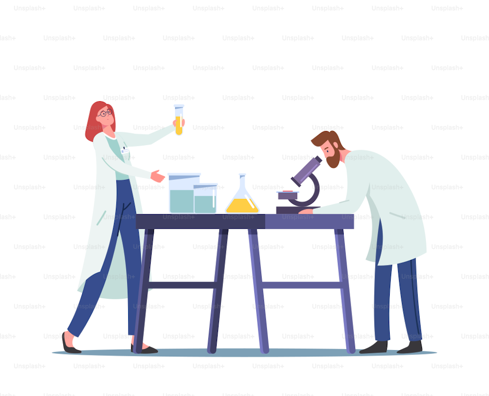 Hydrogen Fuel Producing in Chemical Laboratory Concept. Scientist with Microscope and Flasks Scientific Research, Alternative Biodiesel Investigation Process in Lab. Cartoon People Vector Illustration