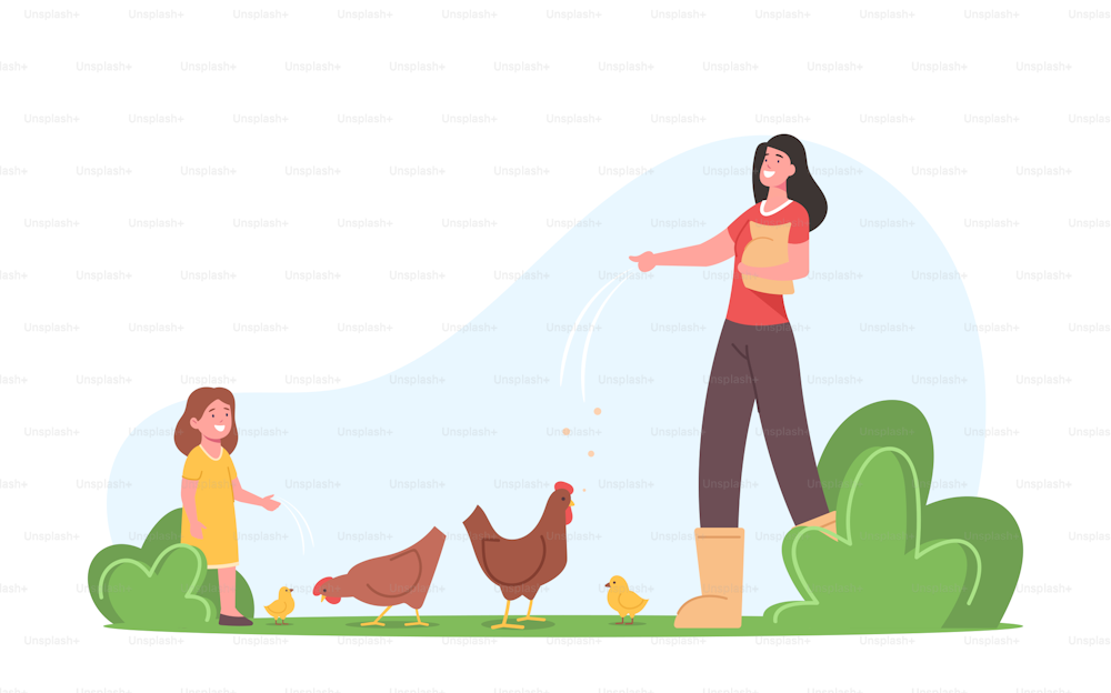 農場で家禽に餌をやる幼い娘を持つ若い母親。農民の家族や村人のキャラクターが働いています。養鶏場、農業、農業での鳥の世話をしているママと女の子。漫画の人々のベクターイラスト