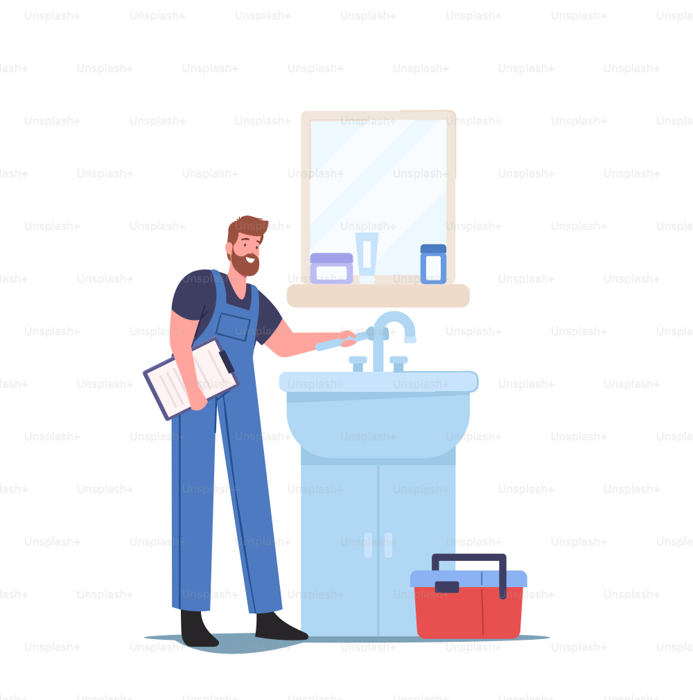 Home Repairment Concept. Plumber Character in Blue Overalls Fixing Broken Sink at Home Bathroom. Husband for an Hour Repair Service, Call Master Fix Sanitary Plumbing Work. Cartoon Vector Illustration