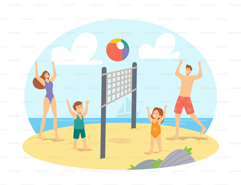 Parents and Children Playing Beach Volleyball on Sea Shore. Happy Family Characters Competition, Game and Recreation at Ocean Shore, Relatives Leisure, Vacation. Cartoon People Vector Illustration