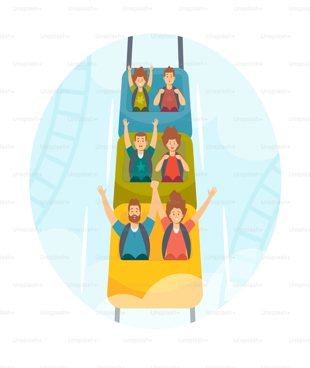 Family Characters Riding Roller Coaster in Amusement Park. Excited Adult Men, Women and Kids at Rollercoaster Cars. Weekend Recreation, Extreme, Family Leisure. Cartoon People Vector Illustration