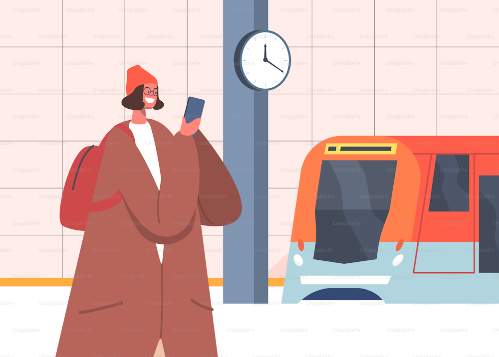 Passenger Girl at Public City Commuter Tunnel. Smiling Female Character Speaking by Smartphone Stand at Metro Subway Station Underground Platform Waiting Train. Cartoon People Vector Illustration