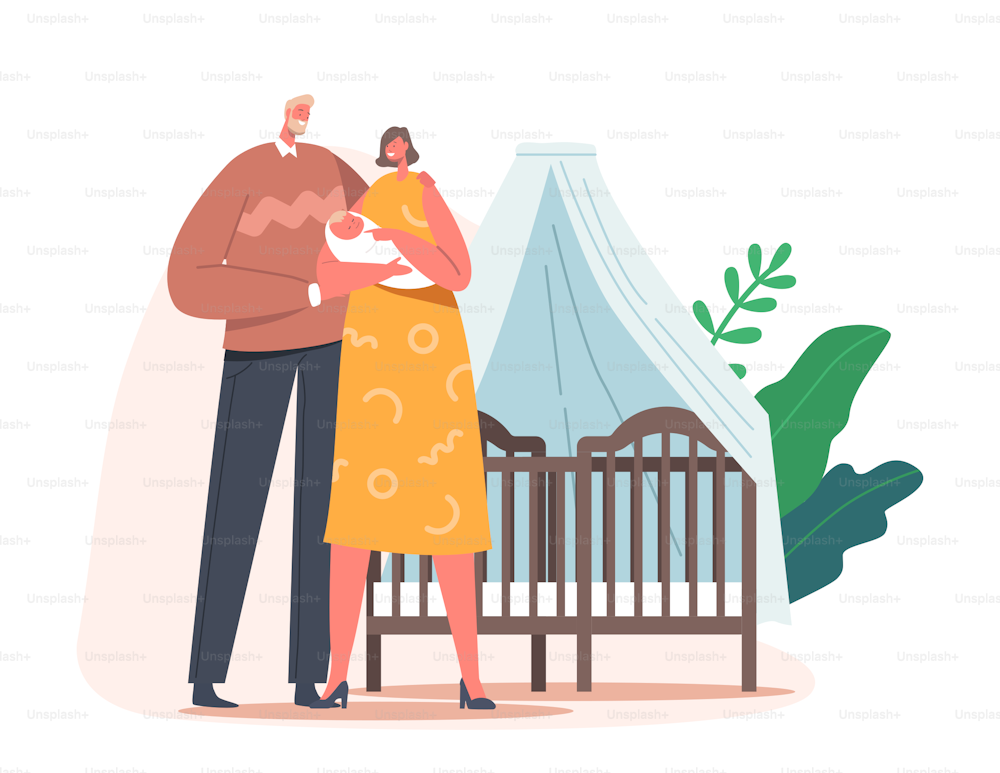 Couple of Young Parents Holding Newborn Baby on Hands near Bed with Canopy, Father and Mother Care of Child, Maternity, Fatherhood, Parenting, Love and Loving Relations. Cartoon Vector Illustration