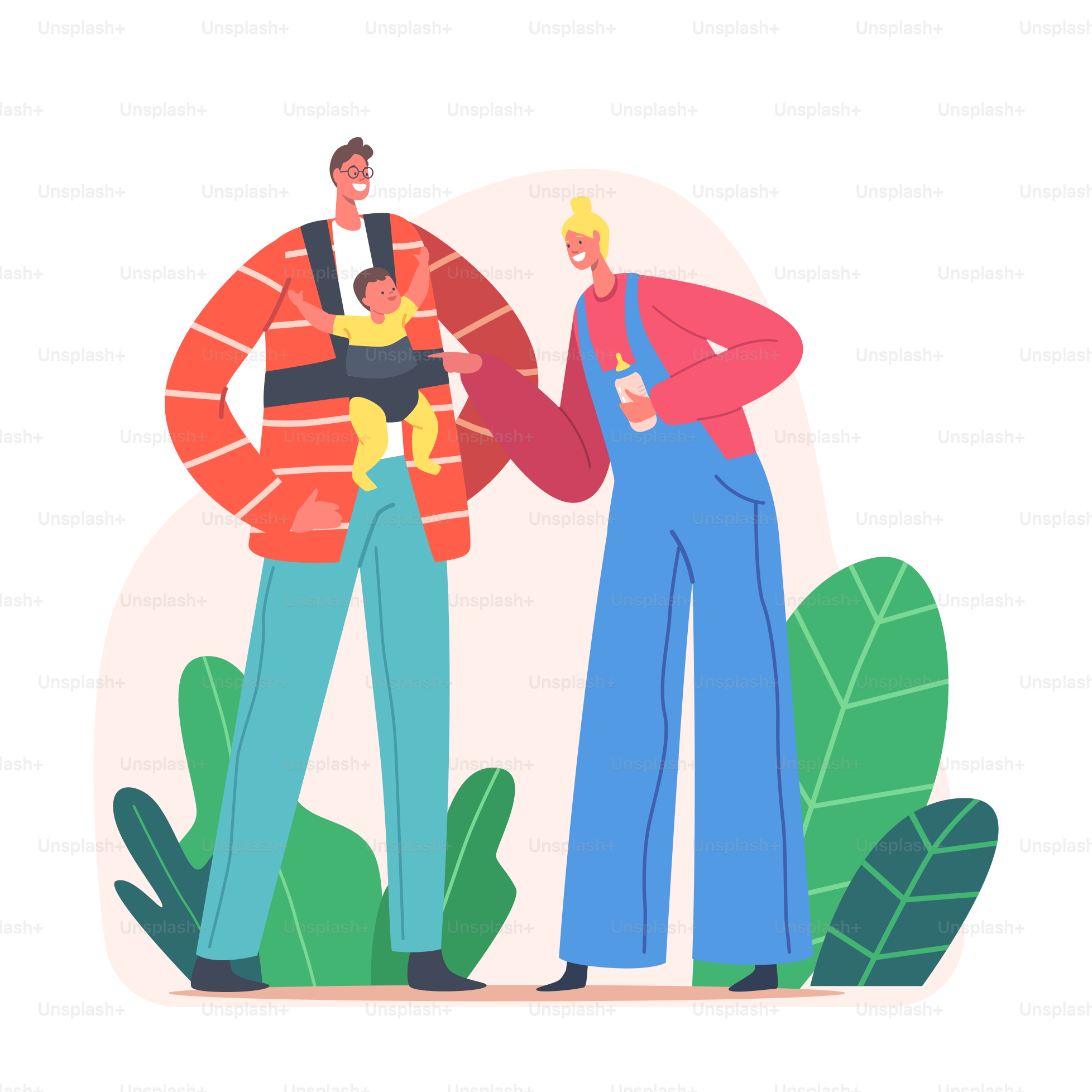 Young Family with Baby. Mother with Milk Bottle for Feeding, Father Character with Newborn Child Sitting on Hipseat. Parenting, Loving Mom and Dad Relations, Love. Cartoon People Vector Illustration