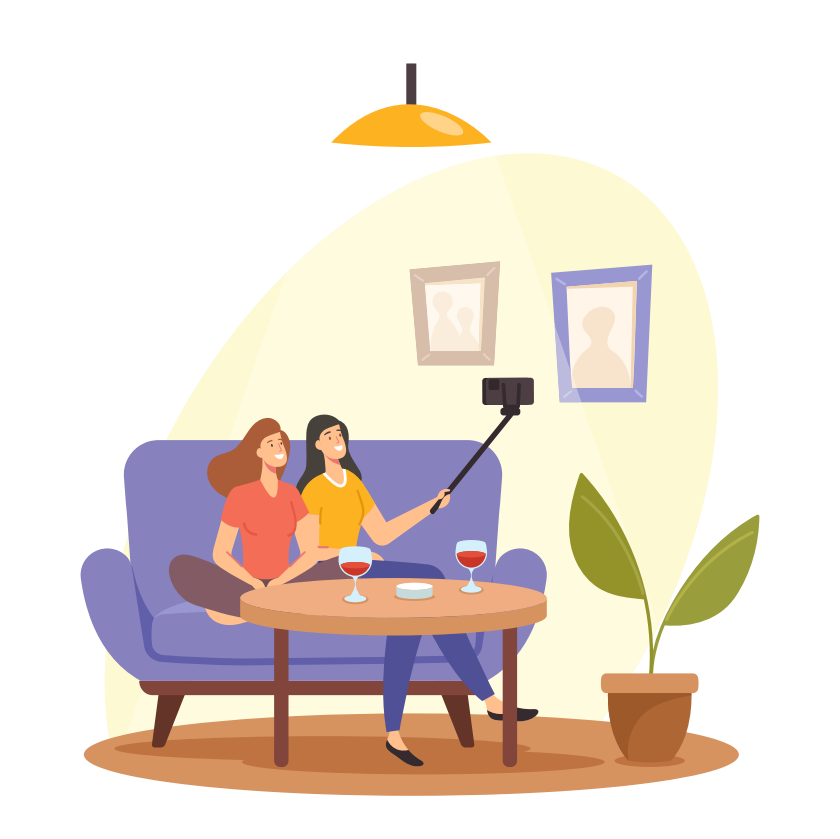 Gadis-gadis muda bersantai, membuat selfie di smartphone duduk di sofa dan minum anggur. Pesta Rumah Wanita, Karakter Wanita di Tempat Rekreasi, Pertemuan Pacar. Ilustrasi Vektor Orang Kartun