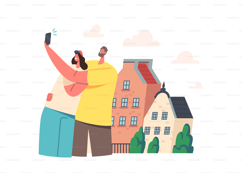 Junges Paar, das Selfie am Telefon vor ihrem neuen Haus oder der Straße in einer fremden Stadt macht. Glückliche männliche und weibliche Freunde schießen Porträts in der Nähe von Gebäuden. Cartoon Menschen Vektor Illustration