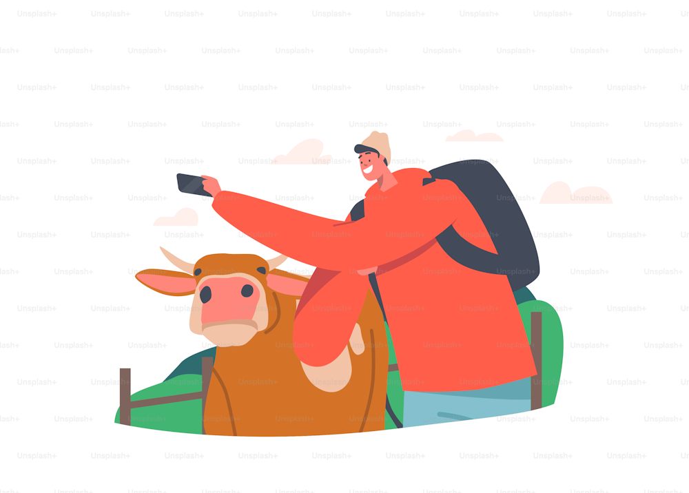 Junger Mann, der Selfie mit Kuh macht. Lustiger männlicher Charakter Reisender oder Tourist mit Rucksack Shooting Porträt von sich selbst mit Tier. Reisespaß, Fotografie. Cartoon Menschen Vektor Illustration