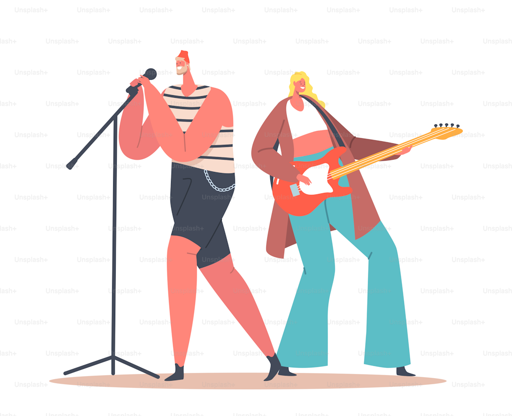 Woman Guitar Player and Man Singer with Microphone Singing Song in Music Band on Stage. Vocalist and Guitarist Characters Entertaining, Musical Recreation Concept. Cartoon People Vector Illustration