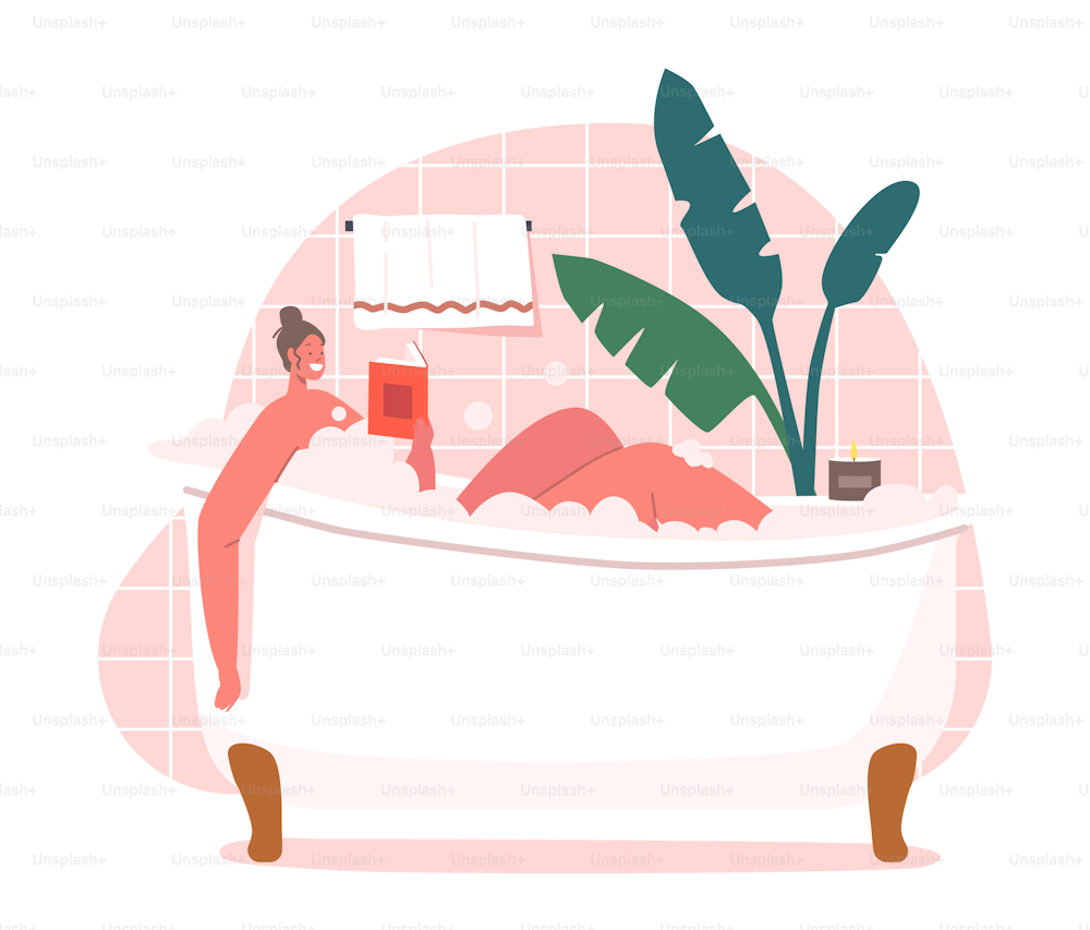 Young Woman Relaxing in Bathtub with Book in Hands. Happy Female Character Hygiene and Beauty Procedure. Girl Washing Body Sitting in Foamy Bath Tub with Bubbles. Cartoon Vector Illustration