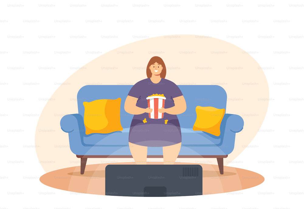 Alimentación poco saludable, concepto de mal hábito. Mujer gorda y perezosa Sentarse en el sofá de casa con comida rápida viendo televisión. Adicción a la comida rápida, pereza del personaje femenino, degradación, obesidad. Ilustración vectorial de dibujos animados