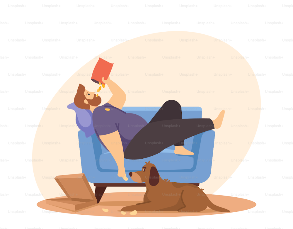 Physical Inactivity, Passive Lifestyle, Bad Habit. Sedentary Life Concept. Overweight Male Character Lying on Sofa Eating Chips. Lazy Fat Man Relax at Home Alone. Cartoon People Vector Illustration