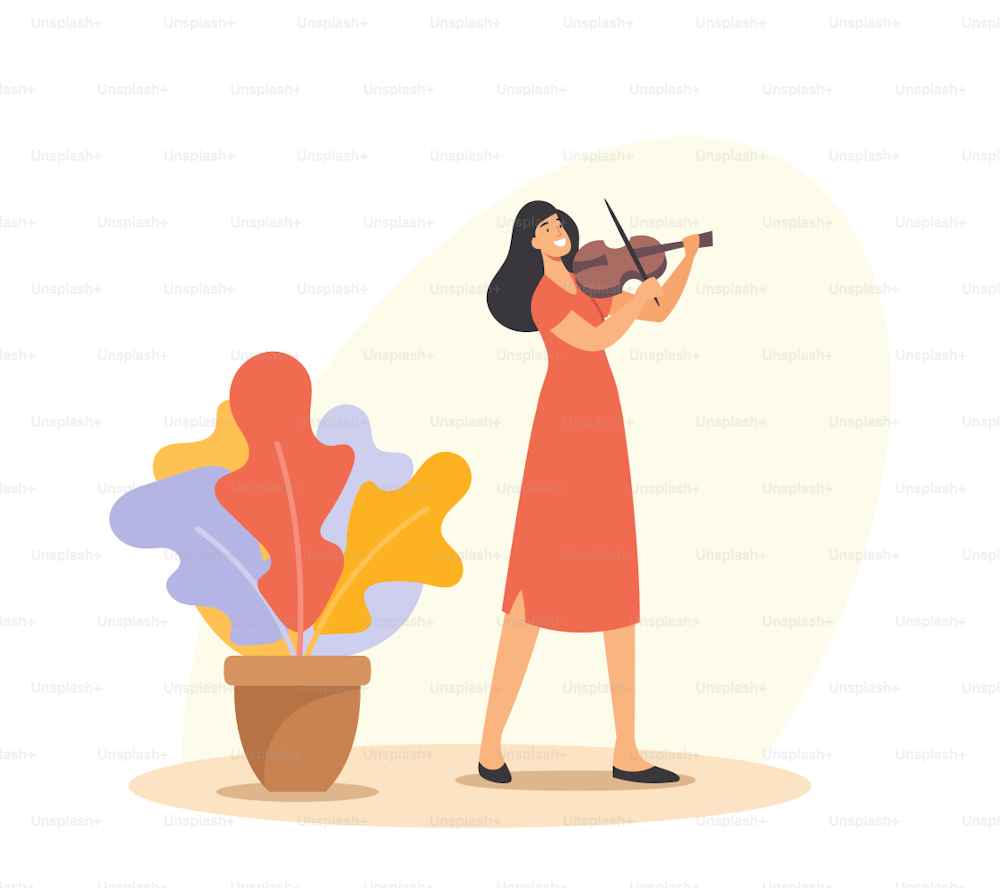 Creative Occupation, Instrumental Live Entertainment. Musician Female Character Playing Violin. Girl in Red Dress with String Instrument Perform Classical Music Concert. Cartoon Vector Illustration
