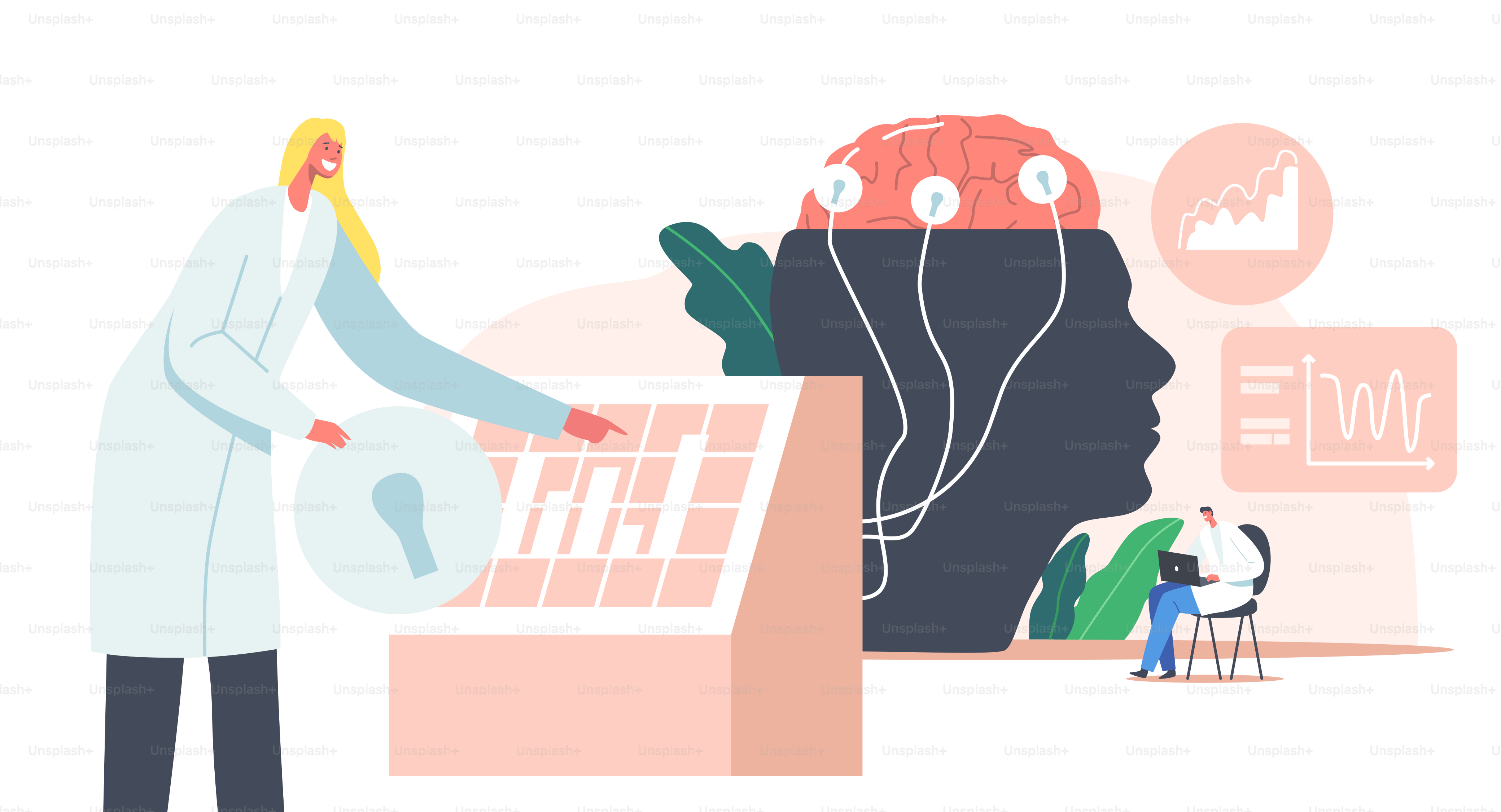 Neurology Science. Male Doctor Character at Huge Human Head with Brain Connected with Wires to Display with Eeg Indication. Neuroscience and Neurosurgery Disease Symptoms. Cartoon Vector Illustration