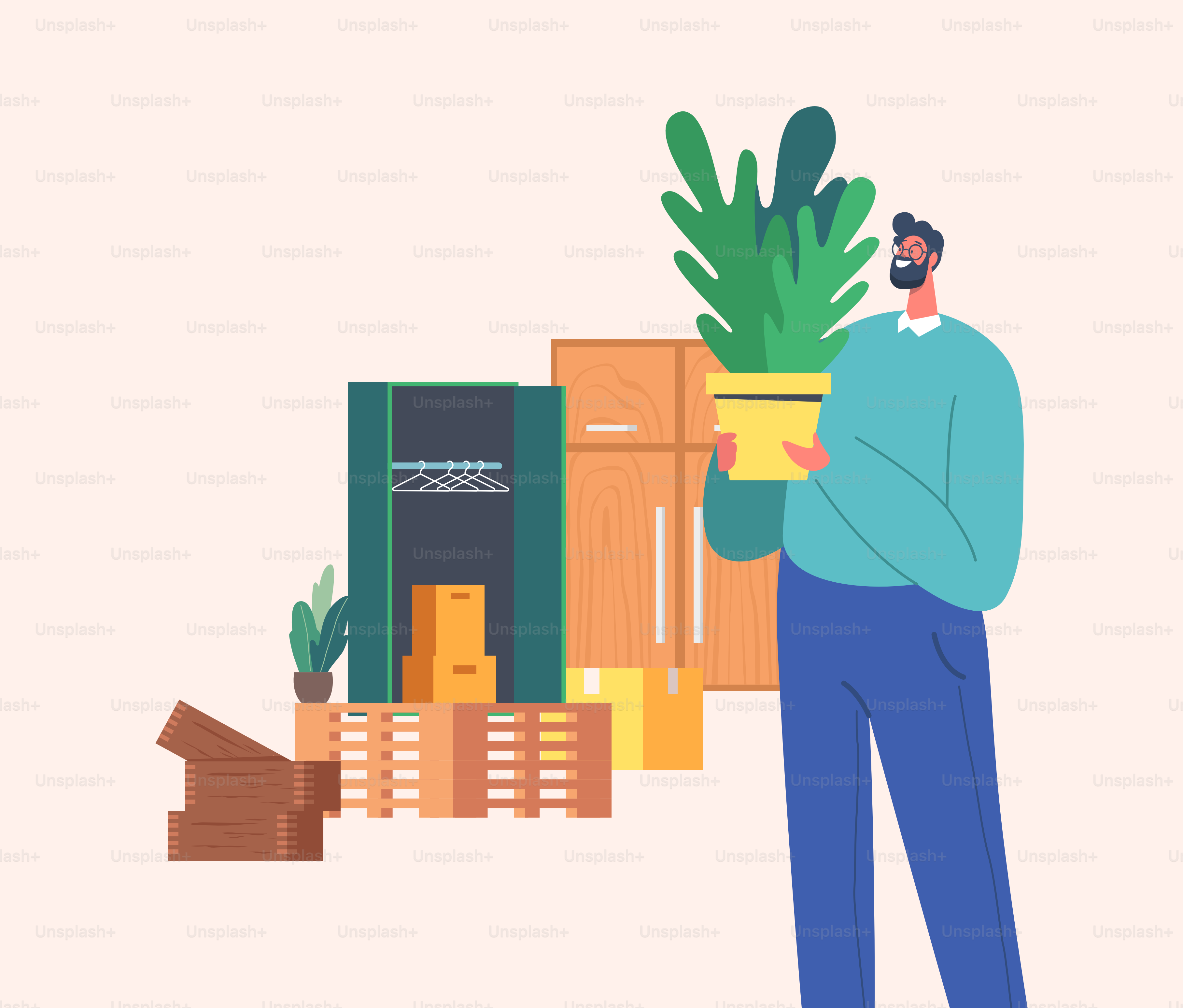 Hombre maduro Look cosas vintage y plantas de casa en el mercadillo. Personaje masculino comprando en un mercadillo. Elige y compra objetos antiguos. Cliente en tienda de segunda mano. Ilustración vectorial de personas de dibujos animados