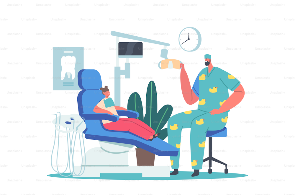 Child at Dentist Office. Little Girl Patient at Dental Clinic for Kids, Male Doctor in Funny Medic Robe Sitting at Chair with Equipment for Teeth and Oral Cavity Checkup. Cartoon Vector Illustration
