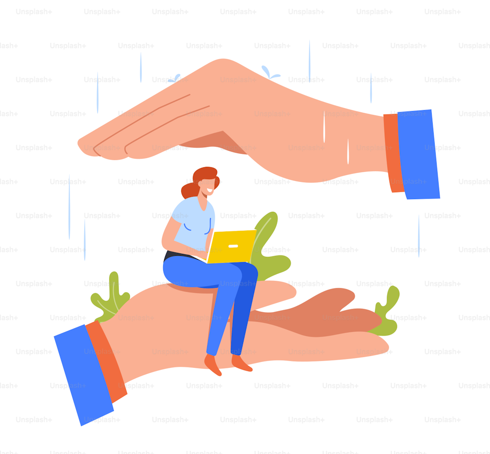 Tiny Office Woman Character Sitting at Huge Hand Covered with Palm Protected from Rain. Employee Girl under Leader Protection, Benefits of Working in Company Workplace. Cartoon Vector Illustration