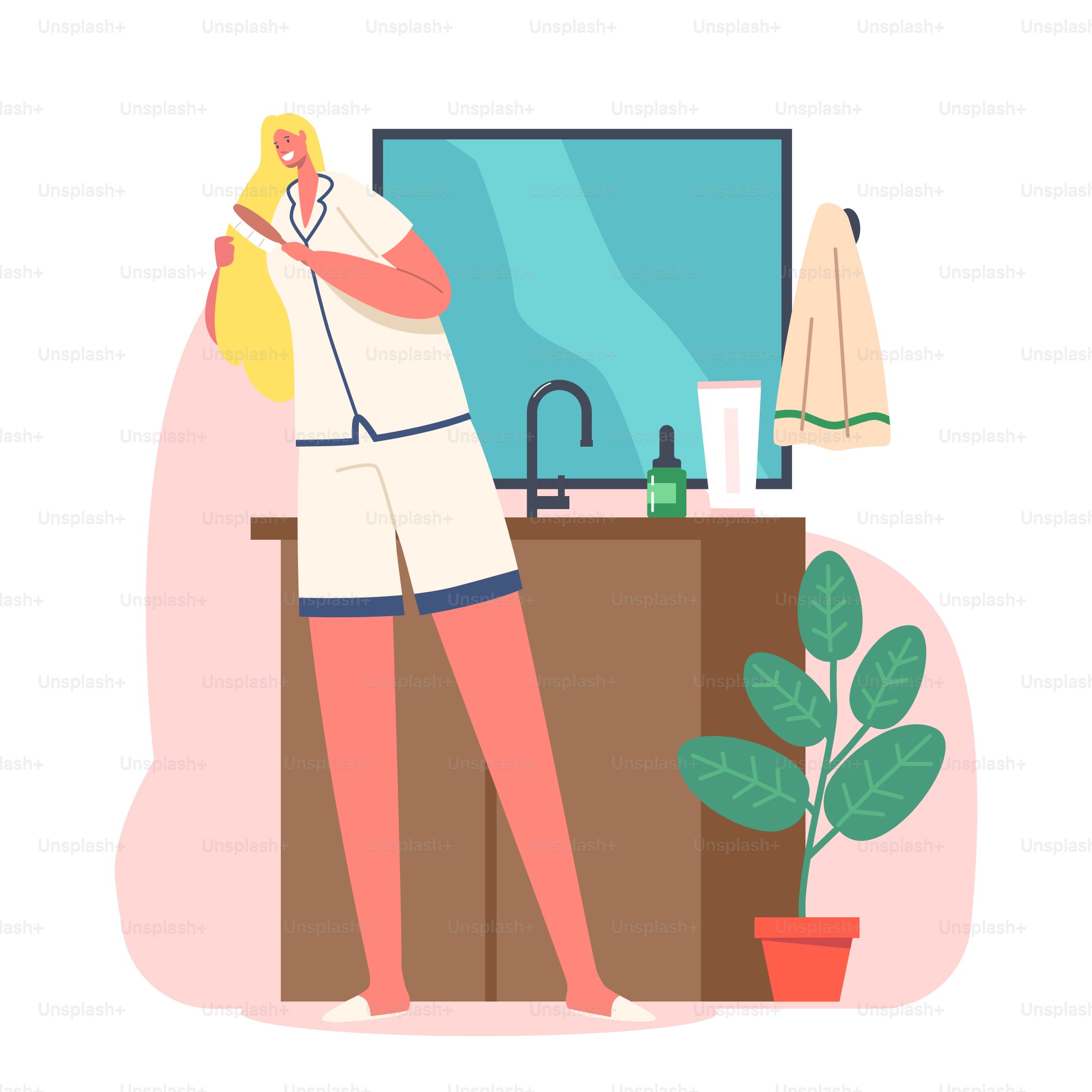 Rotina diária, conceito de procedimento de higiene matinal. Jovem adorável fica em frente ao espelho no banheiro penteando cabelo longo com escova depois do banho ou banho. Ilustração vetorial de desenhos animados