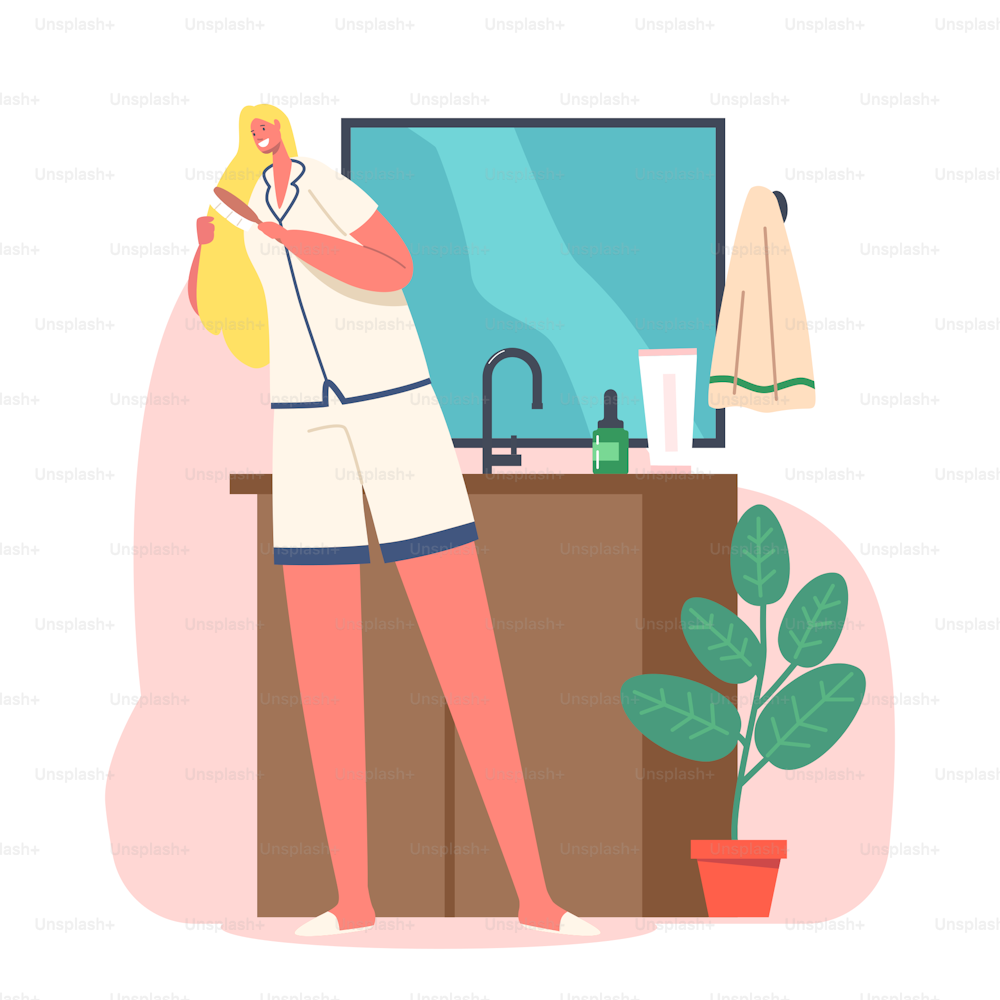 Every Day Routine, Morning Hygiene Procedure Concept. Young Adorable Woman Stand in front of Mirror in Bathroom Comb Long Hair with Brush after Having Bath or Shower. Cartoon Vector Illustration