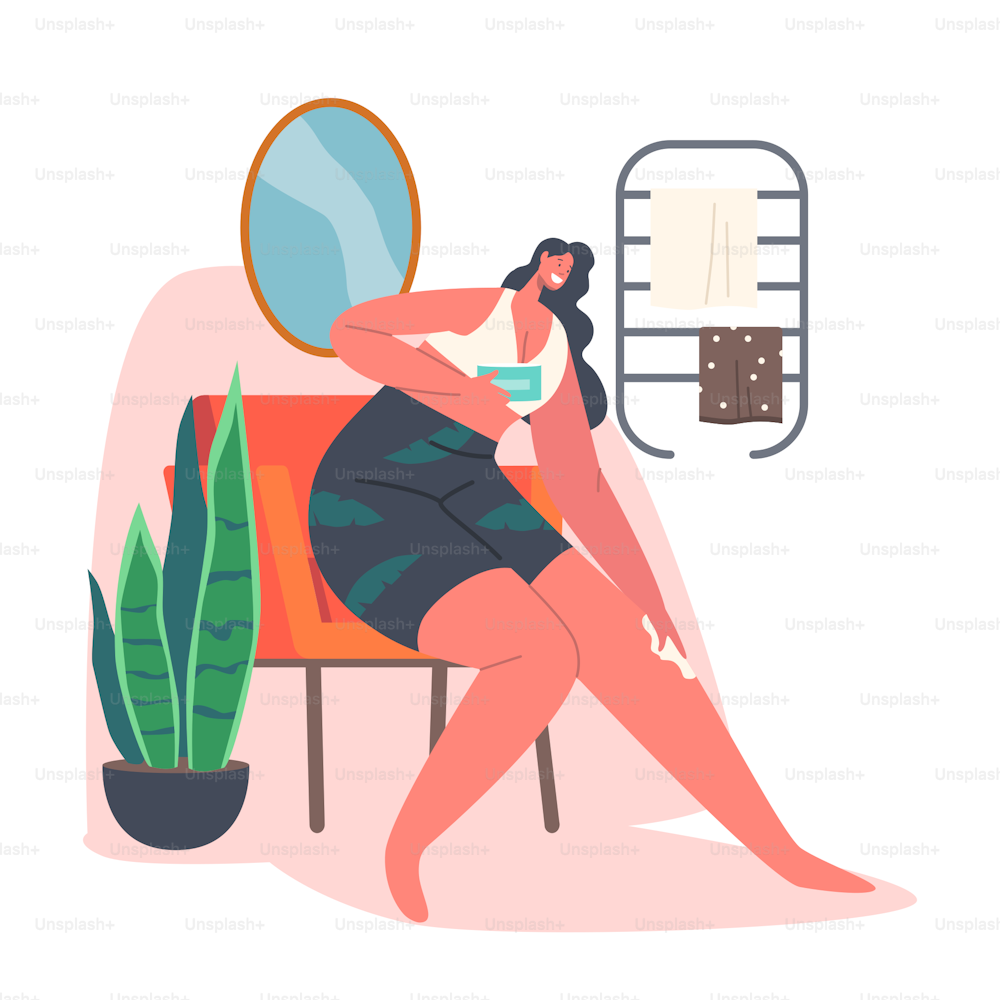 Female Character Hygiene Procedures. Young Woman Depilate Legs with Wax or Moisturizing with Cream. Girl Beauty and Skin Care, Daily Routine, Depilation. Cartoon People Vector Illustration