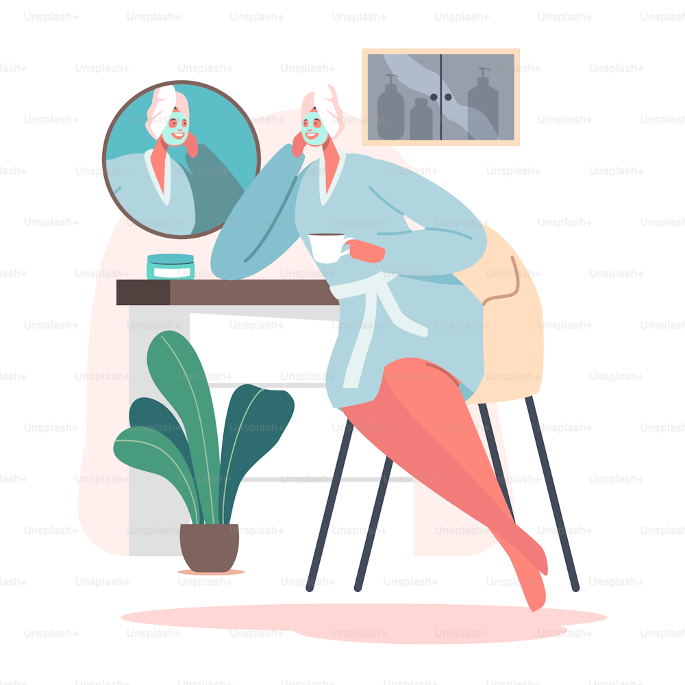 Female Character, Every Day Routine, Bath Relax. Hygiene Procedure in Bathroom. Young Adorable Woman Sitting in front of Mirror Applying Facial Mask after Shower. Cartoon Vector Illustration