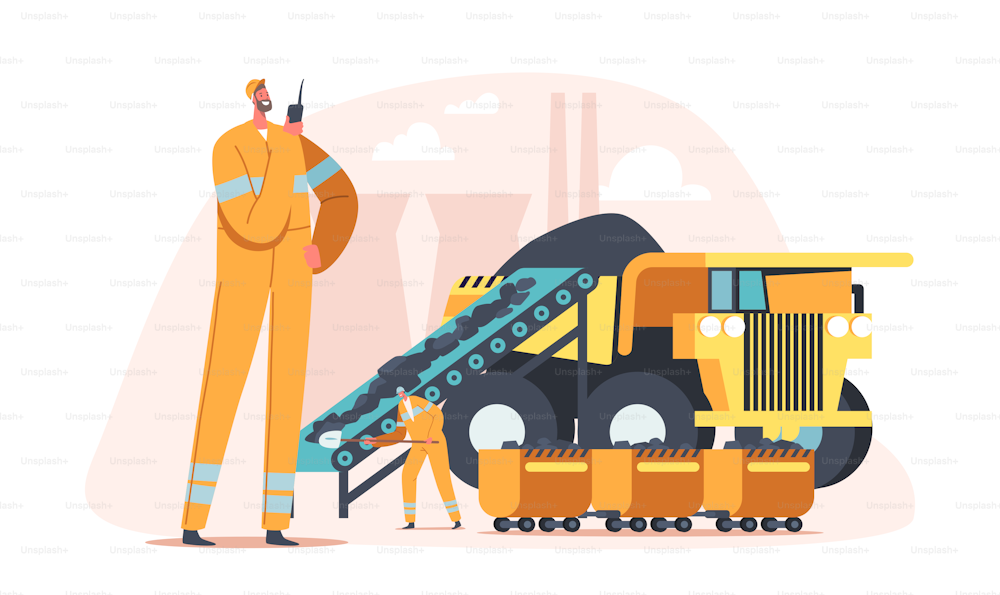 石炭鉱業、抽出業界のコンセプト。トラックに石炭を積み込む鉱夫のキャラクター。エンジニアは、輸送と技術、化石工業生産を備えた採石場で働いています。漫画の人々のベクターイラスト