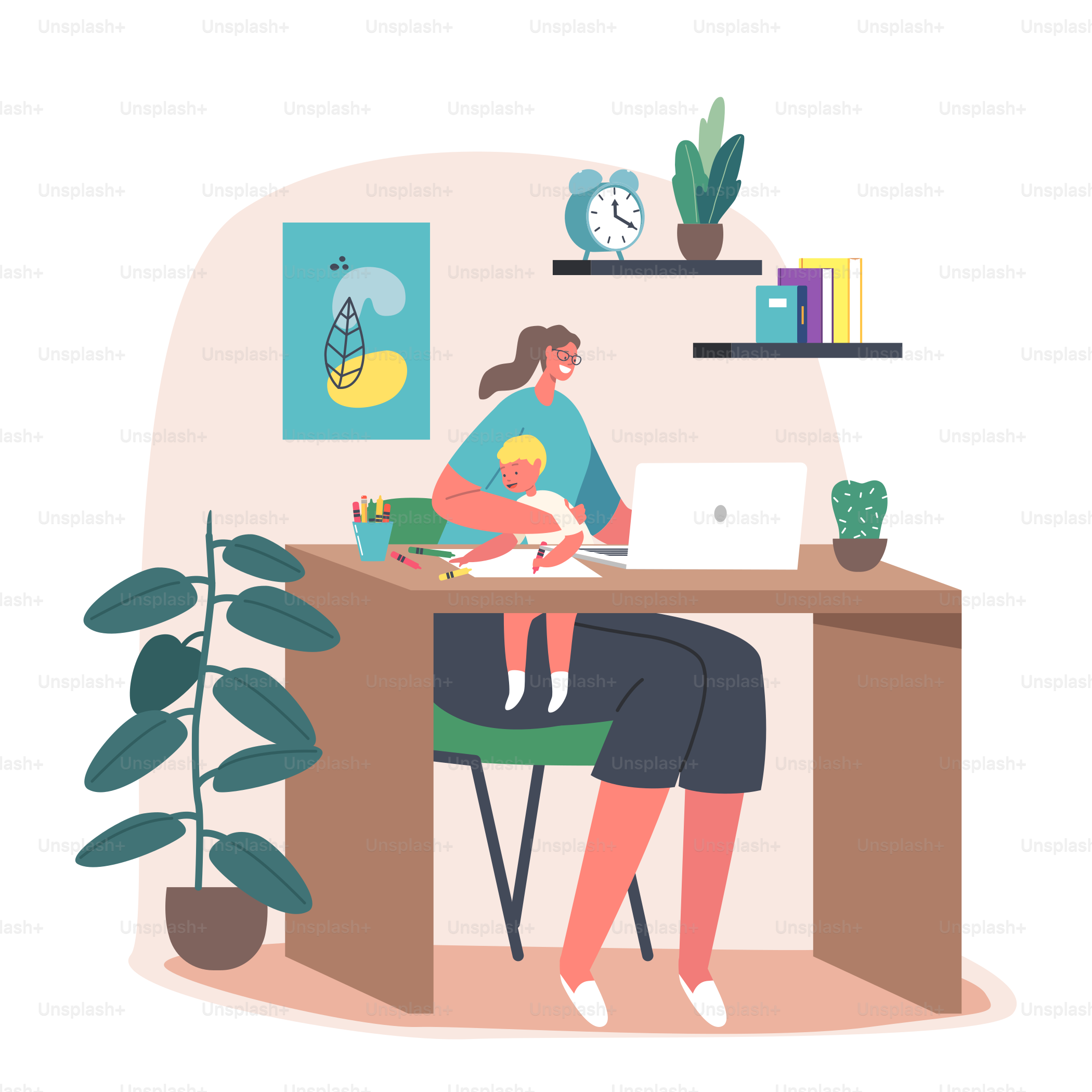 Business Mom at Home Office Workplace. Young Mother Character Work on Laptop with Little Child Sitting on Knees Painting. Remote Work, Self-isolation With Family. Cartoon People Vector Illustration
